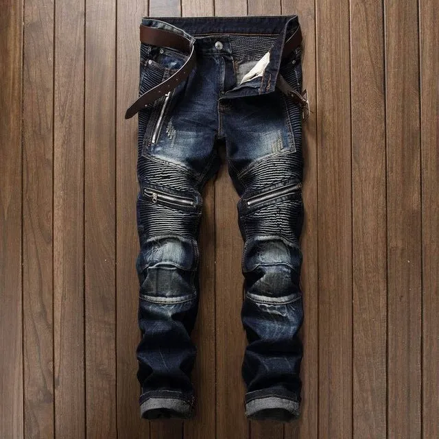2018 Biker Men Jeans Ripped Slim Fit Hip Hop Denim Men`s Jeans Motorcycle Pants