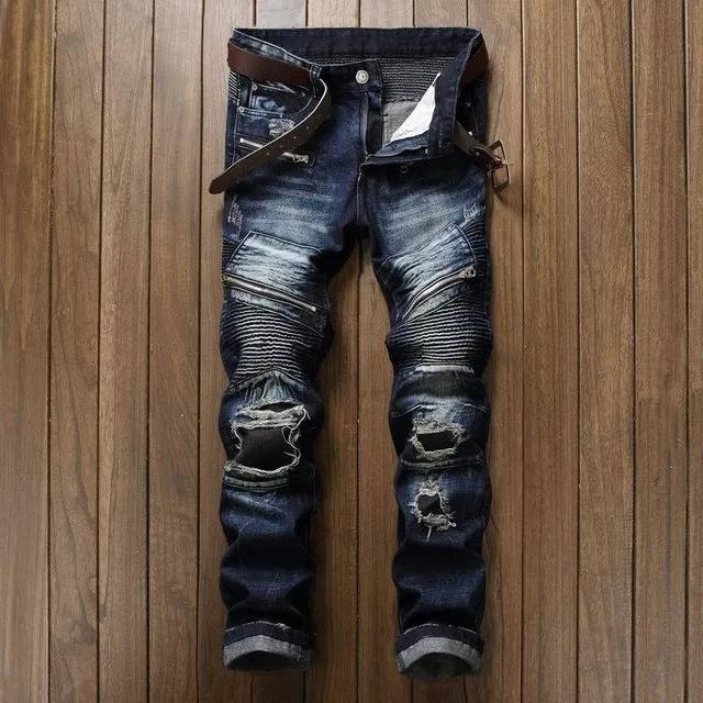 2018 Biker Men Jeans Ripped Slim Fit Hip Hop Denim Men`s Jeans Motorcycle Pants