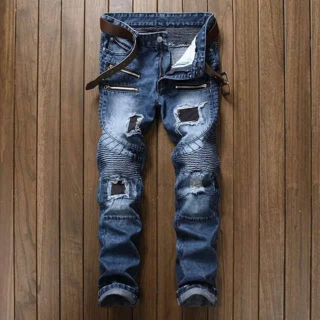 2018 Biker Men Jeans Ripped Slim Fit Hip Hop Denim Men`s Jeans Motorcycle Pants