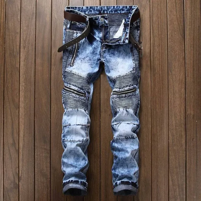 2018 Biker Men Jeans Ripped Slim Fit Hip Hop Denim Men`s Jeans Motorcycle Pants