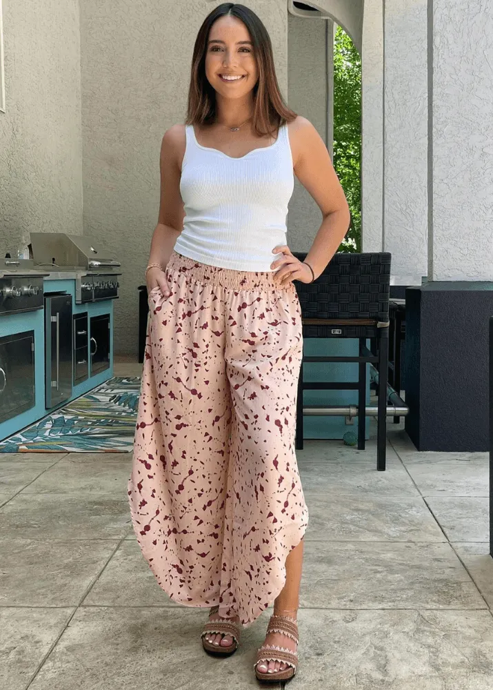 Easy Breezy Smocked Diagonal Cut Gaucho Pants in Pink
