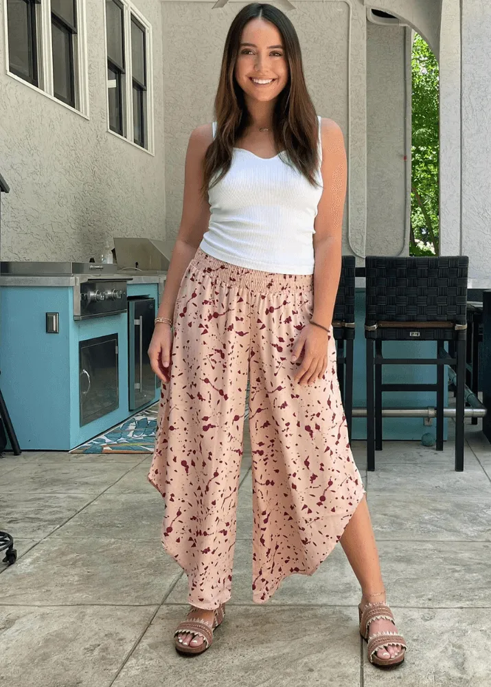 Easy Breezy Smocked Diagonal Cut Gaucho Pants in Pink