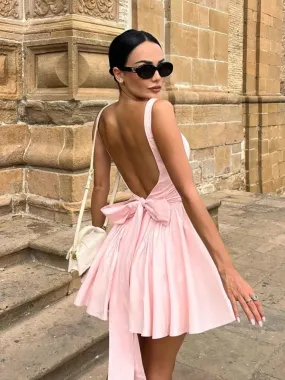 Fashion Bow Backless Pleated Dress