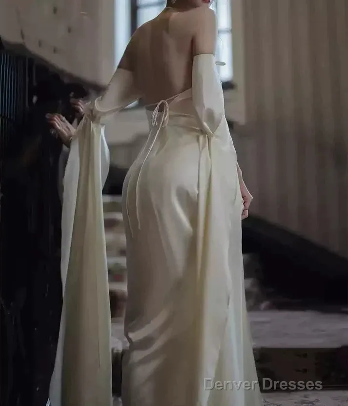Ivory Satin Sheath Long Prom Dresses Formal Party Dresses