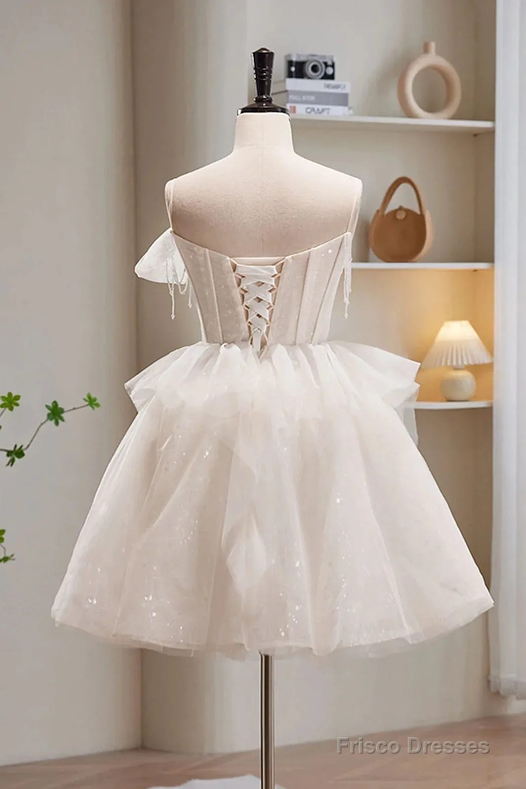 Light Champagne Short Tulle Prom Dresses, Short Light Champagne Formal Graduation Dresses