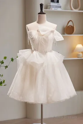 Light Champagne Short Tulle Prom Dresses, Short Light Champagne Formal Graduation Dresses